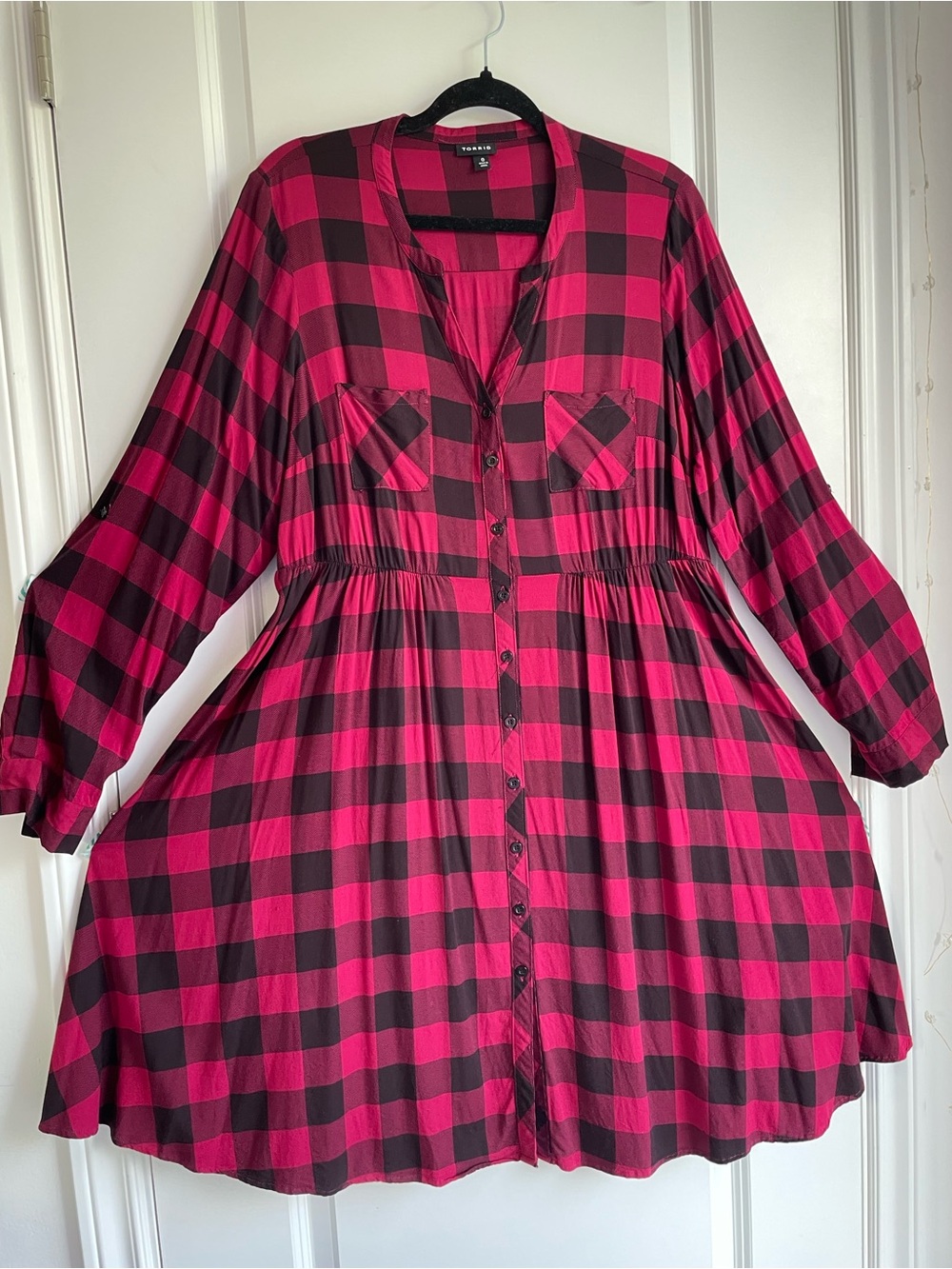 TORRID Wine Red and Black Buffalo Check Button-Front Dress
